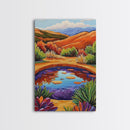 Pond Reflection, Nature, Desert, Framed Canvas Print tranquil desert pond painting, colorful reflection landscape art,  entryway wall decor