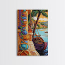 Tropical Boat, Village, Shoreline, Canvas Print, Coastal Wall Art, Vibrant Travel Scene, Boho Seaside Decor, Beach House Painting