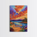 Sunset Lake, Pathway, Dreamy, Framed Canvas Print vibrant sunset lake art, colorful sky and mountain scene, living room art, office boho decor