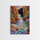 Waterfall Arch, Canyon, Coastal, Framed Canvas Print dramatic coastal waterfall painting, colorful canyon ocean view, nature boho decor