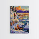 Winter Fishing, Snow, Landscape, Framed Canvas Print peaceful snowy fishing scene, winter mountain art, lodge or cabin living room wall decor