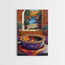Fire Pottery, Patio, Colorful Framed Canvas Print, Rustic Kitchen Wall Art, Hacienda Style Decor, Bold Mexican Art, Autumn Home Accent