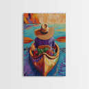 Hat River, Canoe, Bright Framed Canvas Print, Relaxing Boho Wall Art, Colorful Nature Lover Gift, Unique Summer Travel Vibes