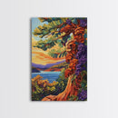 Tree Lake, Mountains, Nature, Framed Canvas Print, pine tree art, autumn landscape wall decor, cozy cabin or lodge art, textured style