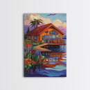 Cabin Dock, Water, Reflection, Framed Canvas Print, lake house decor, cozy retreat wall art, rustic reflection painting, fall colors