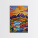 Sunset River, Mountain, Scenic, Framed Canvas Print, Bold Landscape Art, Modern Boho Wall Decor, Nature Scene Living Room Accent