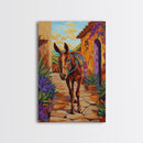Donkey Village, Rustic, Whimsy, Framed Canvas Print, Southwestern Farmhouse Decor, Colorful Animal Wall Art, Entryway Accent Piece