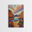 Sunset Boats, Tranquil Cove, Coastal Wall Decor, Framed Canvas Print, Beach House Art, Pastel Sky Painting, Colorful Nautical Art