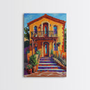 Adobe House, Vibrant Southwest, Fall Architecture Wall Art, Canvas Print, Rustic Staircase Scene, Boho Living Room Decor, Warm Entryway Art