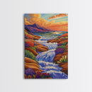 Waterfall Stream, Sunset Sky, Mountain Flow, Fall Colors, Nature Home Decor, Rustic Cabin Vibe, Canvas Print, Living Room Wall Art
