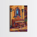 Spanish Piano, Sunlit Interior, Warm Rustic Style, Music Room Wall Art, Traditional Decor, Framed Canvas Print, Mediterranean Home Vibe