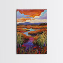 Autumn Wetlands, Sunset Marsh, Nature Escape, Rustic Color Landscape, Farmhouse Style, Fall Decor, Canvas Print, Entryway Wall Art