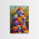 Rainbow Seashells, Coastal Treasures, Ocean Shell Art, Beach Decor, Framed Canvas Print, Bathroom Wall Art, Nautical Boho Art