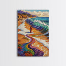 Rainbow Wave, Beach Woman, Mystical Shoreline, Color Explosion, Framed Canvas Print, Spiritual Wall Art, Vibrant Meditation Art