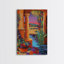 Desert Garden View, Vibrant Sunset Patio, Mexican Courtyard Scene, Framed Canvas Print, Colorful Patio Art, Kitchen Wall Art, Boho Decor