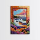 Ocean Frame, Crashing Waves, Surreal Seascape, Floral Shoreline, Framed Canvas Print, Coastal Wall Art, Bathroom Decor, Dreamy Beach Art