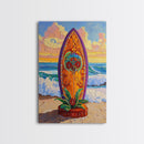 Floral Surfboard Art, Beach Sunset Decor, Tropical Surf Vibe, Canvas Print, Bright Ocean Wall Art, Bathroom Accent, Boho Coastal