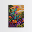 Prickly Wildflowers, Cactus, Garden, Framed Canvas Print floral cactus art, vibrant botanical painting, nature decor, desert boho living room