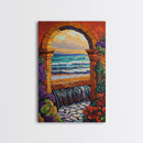 Stone Archway Ocean, Dreamy Seaside Scene, Romantic Sunset Art, Framed Canvas Print, Coastal Entryway Wall Art, Vacation Vibes