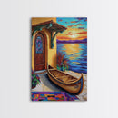 Lakeside Sunset, Canoe, Serenity, Framed Canvas Print, rustic lakefront, sunset art, cozy cabin vibe, boho lakehouse wall art, den art