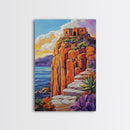 Cliffside Ruins, Ocean, Sunset Ancient Fortress Art, Framed Canvas Print, Dramatic Living Room Wall Decor, Southwest Adventure Style