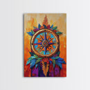 Compass, Rustic, Floral, Wall, Framed Canvas Print, Boho compass rose art with flowers, ideal bohemian home decor or entryway statement art