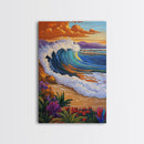 Wave Sunset, Ocean, Flowers, Canvas Print, Crashing sunset wave with tropical flowers, coastal bathroom and surf-themed wall decor