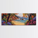 Secluded Beach Painting, Colorful Coastal Trees, Tropical Shoreline View, Framed Canvas Print, Relaxing Bathroom Art, Boho Bedroom