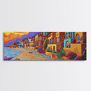 Seaside Village Sunset, Colorful Coastal Homes, Vibrant Ocean View, Framed Canvas Print, Beach House Decor, Bohemian Art