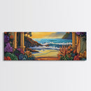 Ocean Escape, Sunset Garden, Floral Coastal Scene, Mediterranean Vibes, Framed Canvas Print, Kitchen Wall Art, Bold Color Artwork