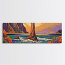 Ocean Rock Island, Sunset Coastline, Floral Foreground, Canvas Print, Living Room Wall Art, Mystical Nature Landscape