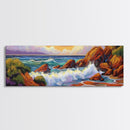 Ocean Wave Crash, Coastal Rock Shore, Vibrant Seascape Painting, Framed Canvas Print, Beach Bathroom or Nautical Living Room Art