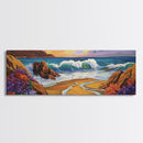 Coastal Wave, Bold Surf, Rocky Sunset, Flower Shoreline, Framed Canvas Print, Nautical Art, Bathroom Beach Landscape Decor