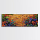 Golden Horizon Path, Vibrant Floral Border, Nature Sunset Painting, Framed Canvas Print, Bedroom Wall Art, Warm Color Landscape