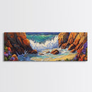Rocky Shore Break, Ocean Cliff Scene, Seaside Escape, Framed Canvas Print, Coastal Bathroom Wall Art, Nautical Beach Decor