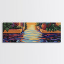 Sunset Canal Garden, Water Reflections, Warm Floral Courtyard, Framed Canvas Print, Kitchen Wall Art, Romantic Boho Artwork