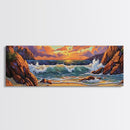Sunset Beach Waves, Dramatic Ocean, Bold Skies, Framed Canvas Print, Entryway Wall Art, Nature Escape, Colorful Beach Scene