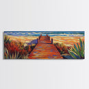 Seaside Path Art, Beach Boardwalk Print, Coastal Nature Scene, Tropical Living Room Wall Decor, Boho Style Framed Canvas Print