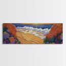 Tropical Cove, Sunset Beach, Colorful Blooms, Coastal Escape Framed Canvas Print, Bedroom Wall Art, Bold Landscape Painting