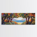 Seaside Trees, Autumn Canopy, Ocean View, Coastal Path, Framed Canvas Print colorful fall wall art, entryway decor, boho nature scene