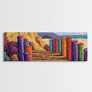 Colorful Cabins, Beach Path, Coastal Walkway, Vibrant Landscape, Canvas Print, Entryway Wall Art, Beach House Art, Bold Palette Decor