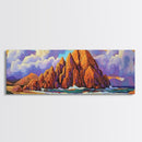 Rocky Beach Escape, Sunset Ocean View, Coastal Nature Art, Canvas Print, Tropical Wall Art, Bold Color Decor, Bedroom Seascape Art