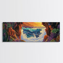 Ocean Cave View, Sunset Waves, Coastal Decor, Tropical Art, Framed Canvas Print, Beach House Wall Art, Vibrant Seascape, Boho Style