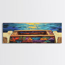 Sunset Pier, Ocean Horizon, Bold Seascape, Framed Canvas Print, Beach House Wall Art, Coastal Dining Room Decor, Vibrant Nautical Art