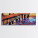 Vibrant Dock Sunset, Painted Pier, Ocean Reflections, Warm Horizon, Framed Canvas Print, Beach House Wall Art, Nautical Scene