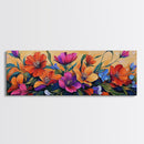 Vibrant Floral Burst, Sunset Garden, Colorful Flowers, Bold Leaves, Canvas Print, Living Room Wall Art, Boho Botanical Style