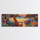 Peaceful Beach Chair, Vibrant Sunset Retreat, Tropical Escape Wall Art, Framed Canvas Print, Vacation Home Decor, Boho Island Artwork