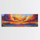 Sunset Waves, Vibrant Clouds, Mountain Sea View, Framed Canvas Print, Colorful Seascape Art, Moody Bedroom Decor, Ocean Landscape