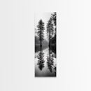 Twin Pines, Forest Reflection, Misty Lake, Black and White Nature, Framed Canvas Print, Living Room Wall Art, Nature Photography, Zen Decor