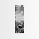 Peaceful Lake, Cloud Reflection, Shoreline Stones, Framed Canvas Print, Guest Room Wall Art, Nature Inspired Decor, Minimalist Landscape